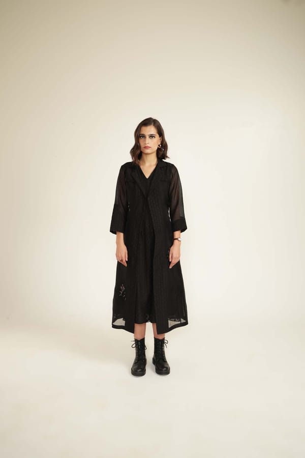 Black Organza Jacket and Brocade Midi Dress Set — Arcvsh Pallavi Singh