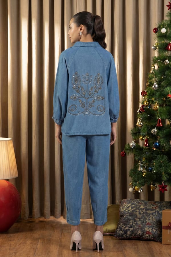 Light Denim Embroidered Co-ord Set with Straight Trousers — Eko Clothing