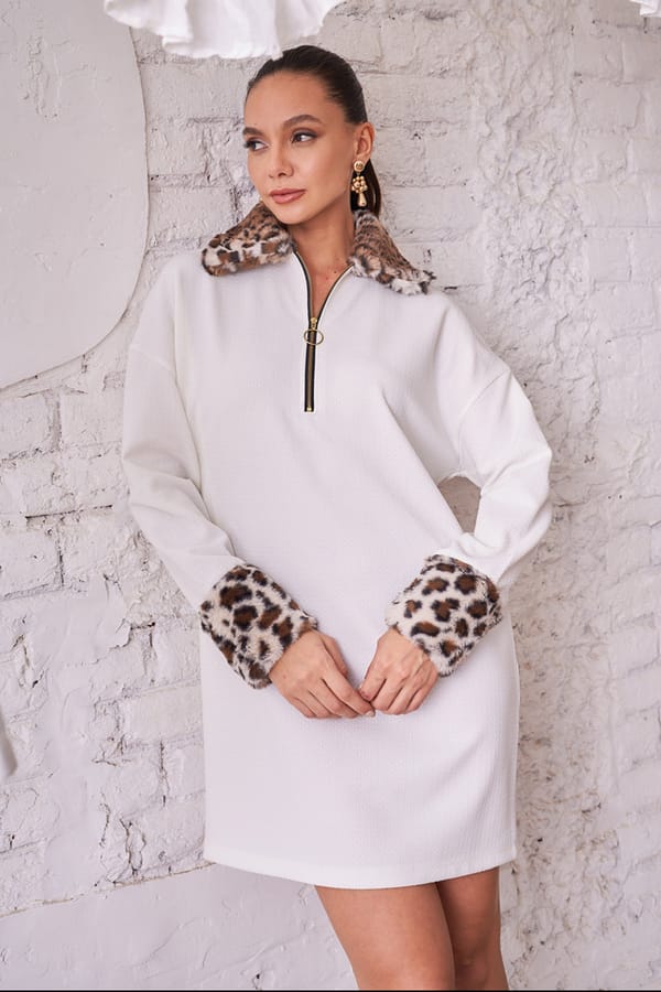 White Mini Shift Dress with Zip Neck and Faux-Fur Trim — Sttavoss