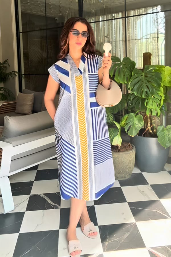 Multicolor Striped A-Line Midi Dress with V-Neck — ROHO