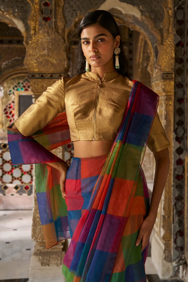 Gold Benares Brocade Cropped Zip Shirt — Dash and Dot