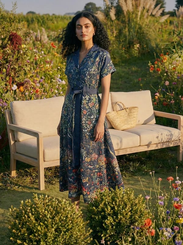 Navy Blue Botanical Print Belted Midi Dress — HOUSE OF FETT