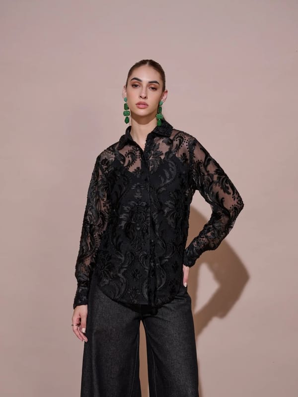 Black Sheer Mesh Button-Down Shirt with Velvet Jacquard — Style Island