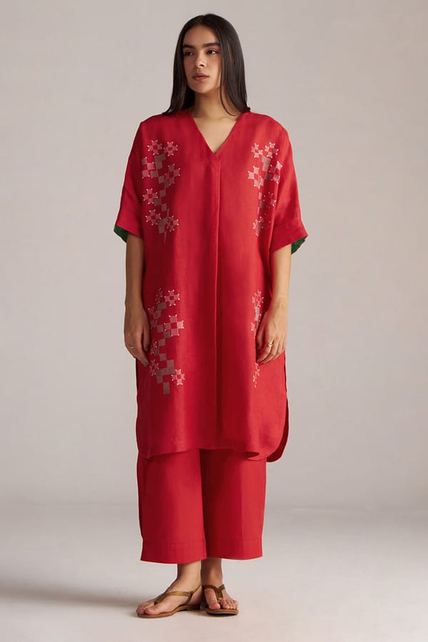High Risk Red Linen Kurta and Wide-Leg Pants Co-ord Set — Ganga Fashions Pvt Ltd