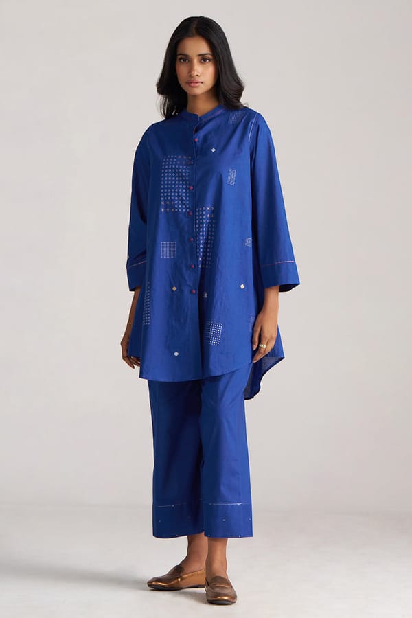 True Blue Block Print Cotton Co-ord Set with Wide-Leg Pants — Ganga Fashions Pvt Ltd
