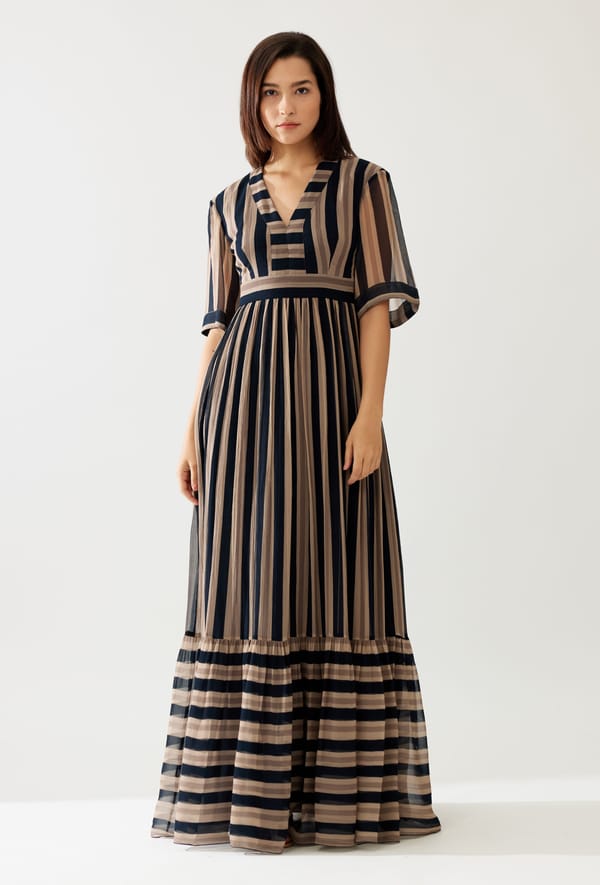 Dark Green And Beige Stripe Long Dress — KoAi
