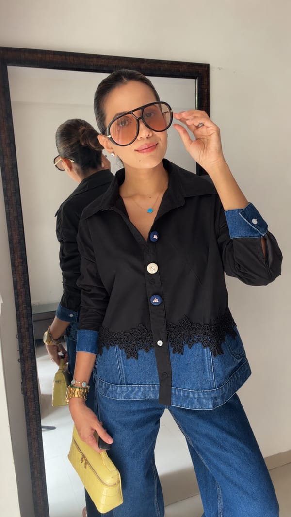 Lace Trim Denim Contrast Shirt — CLOSET AFFAIR