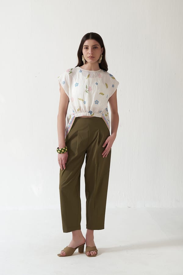 Off-White Floral Top and Olive Wide-Leg Co-ord Set — Muvazo