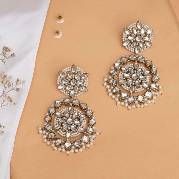 Handcrafted Kundan Flower Stud Earrings with Pearl Fringe — BeAbhika