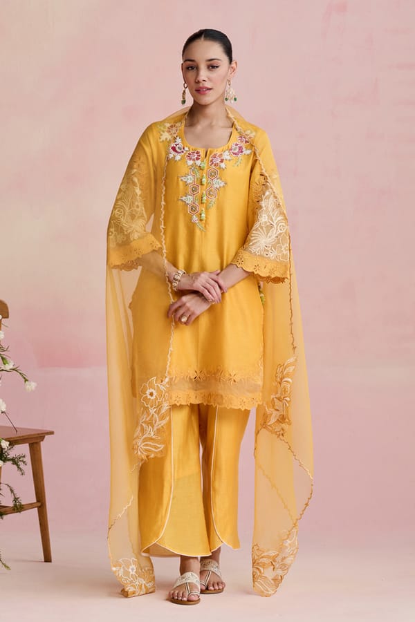 Yellow Chanderi Kurta Set with Cutwork Sleeves and Dupatta — NIRVAIR CLOTHING