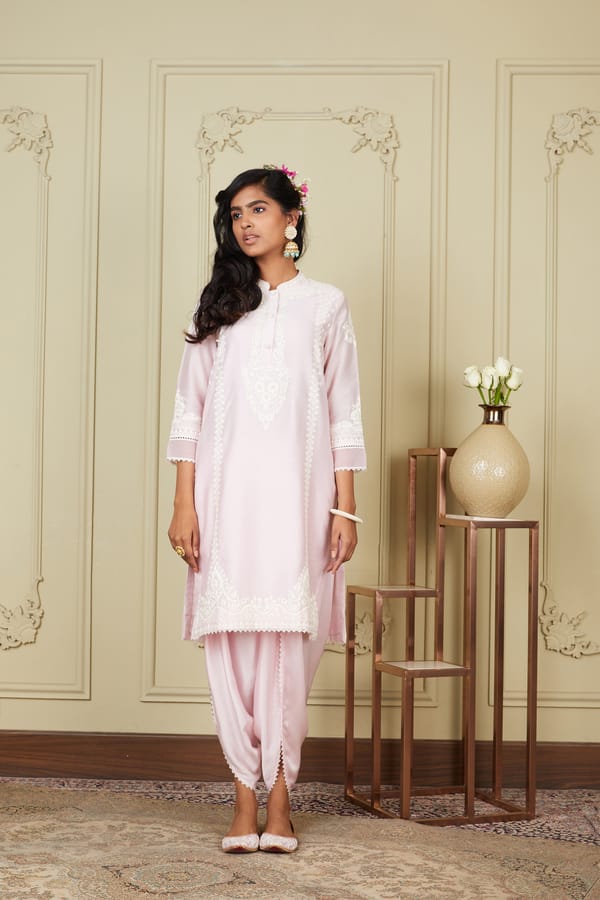 Pearl Blush Embroidered Kurta and Dhoti Set — Sheetal Batra