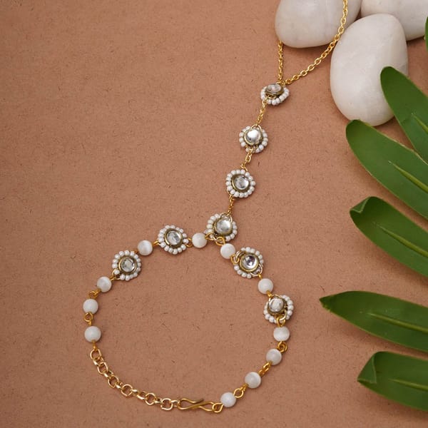 Golden Round Kundan With White Pearls Adjustable Hathphool Bracelet — BeAbhika