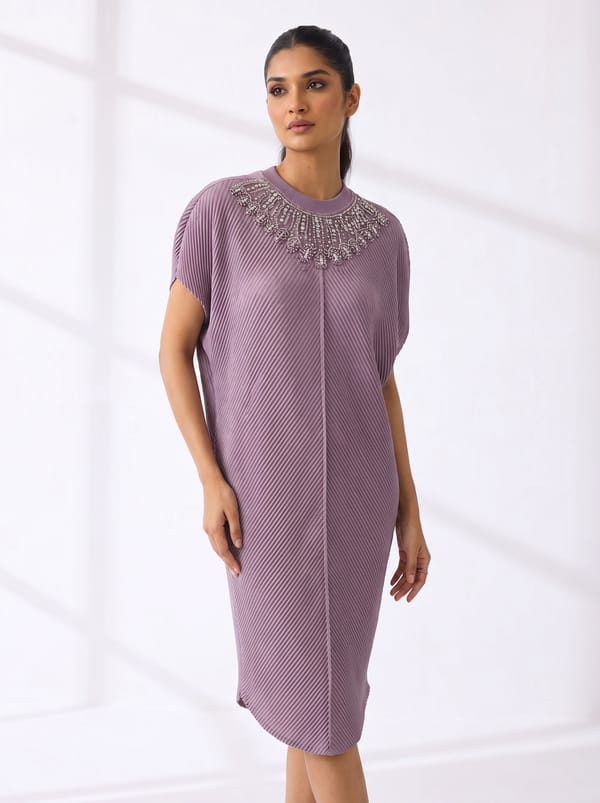 Purple Pleated Embellished High Neck Midi Dress — Pleats by Aruni