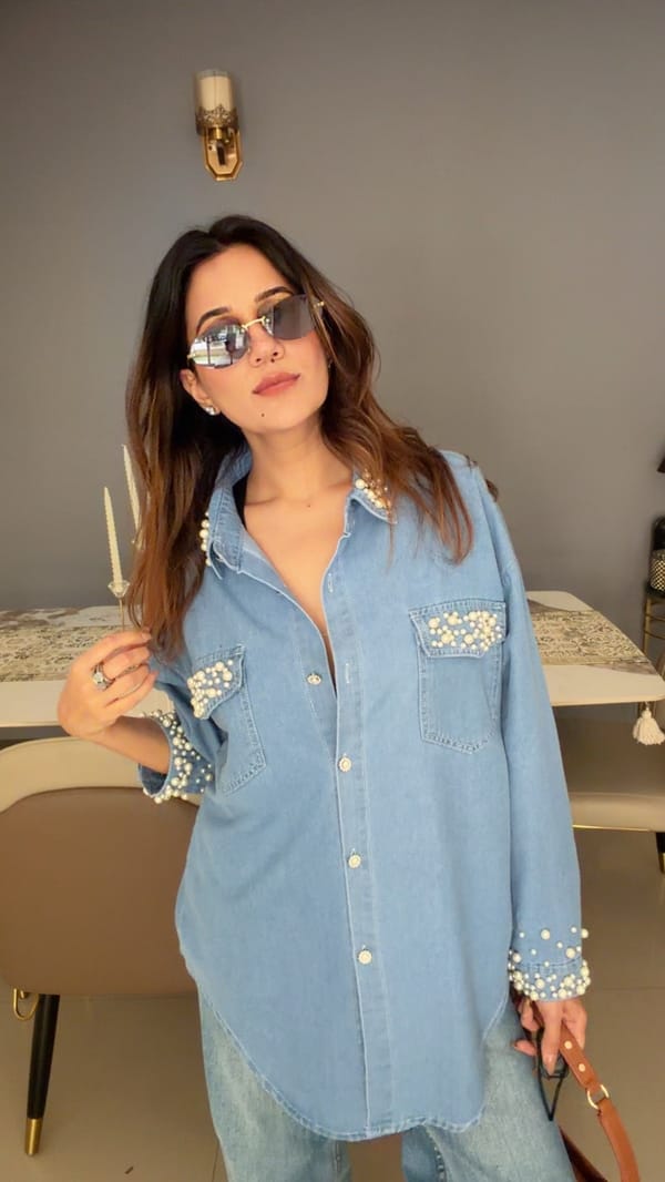 Pearl Embedded Denim Shirt — CLOSET AFFAIR