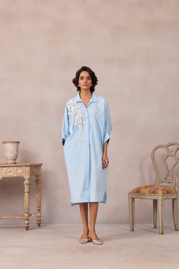 Frost Blue Midi Shirt Dress with Lotus Applique — 63East