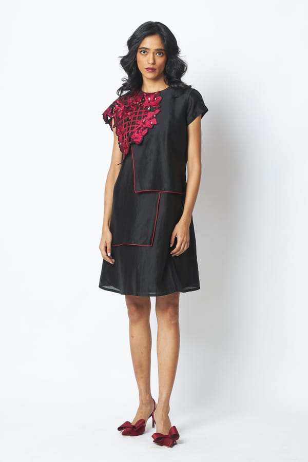 Black Knee-Length A-Line Dress with Maroon Bib Detail — Madder Much