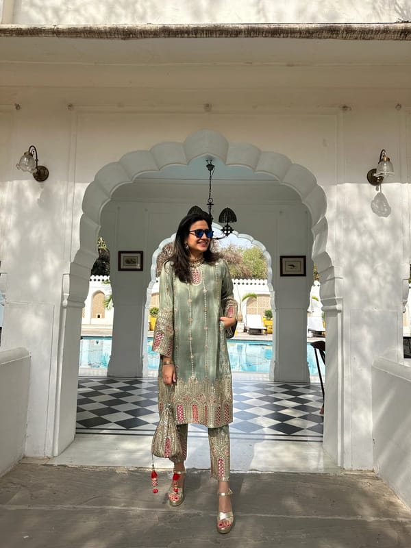 Green Tissue Silk Mirror Work Kurta Set with Dupatta — TASUVURE