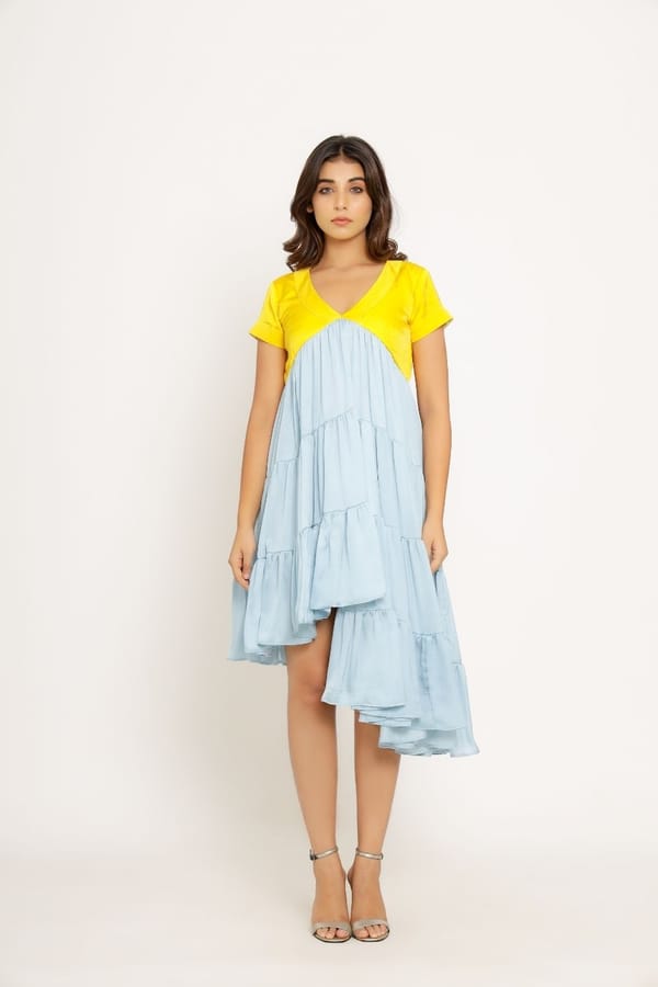 Yellow and Ice Blue Colorblock High-Low Midi Dress — Neora