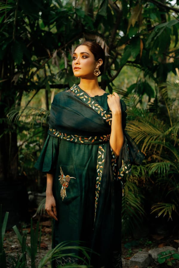 Green A-Line Kurta Set with Boat Neck and Embroidered Pocket — SHRISTICHETANI