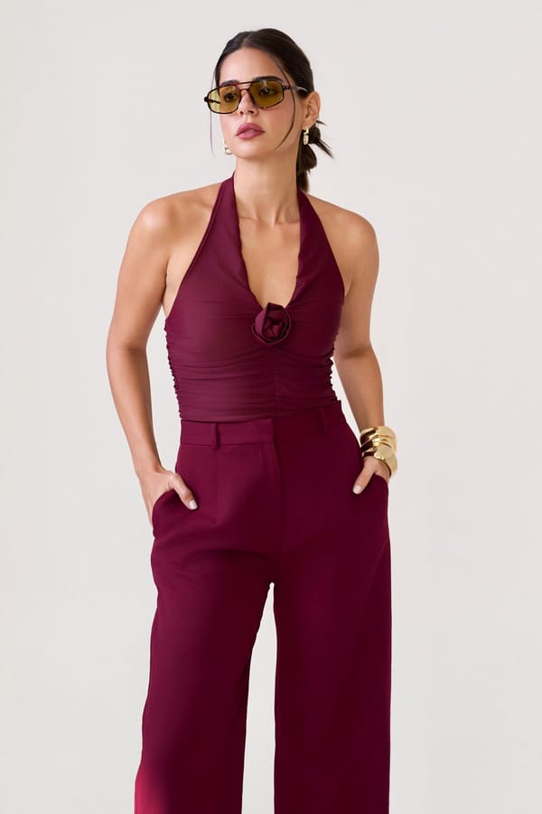 Dark Wine Halter Ruched Bodysuit with Rosette Detail — LABEL FROW