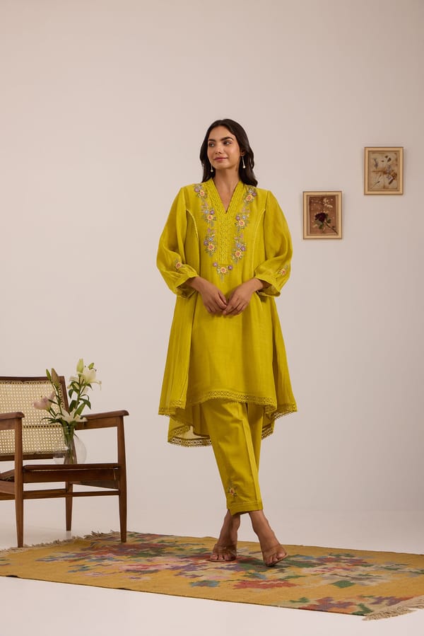 High-Low Mul Chanderi Kiva Kurta Set — Omi Clothing