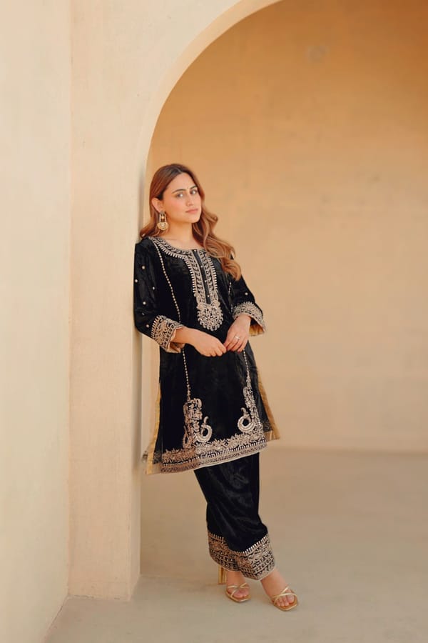 Black Silk Velvet Embroidered Short Kurta Set with Salwar — Sheetal Batra