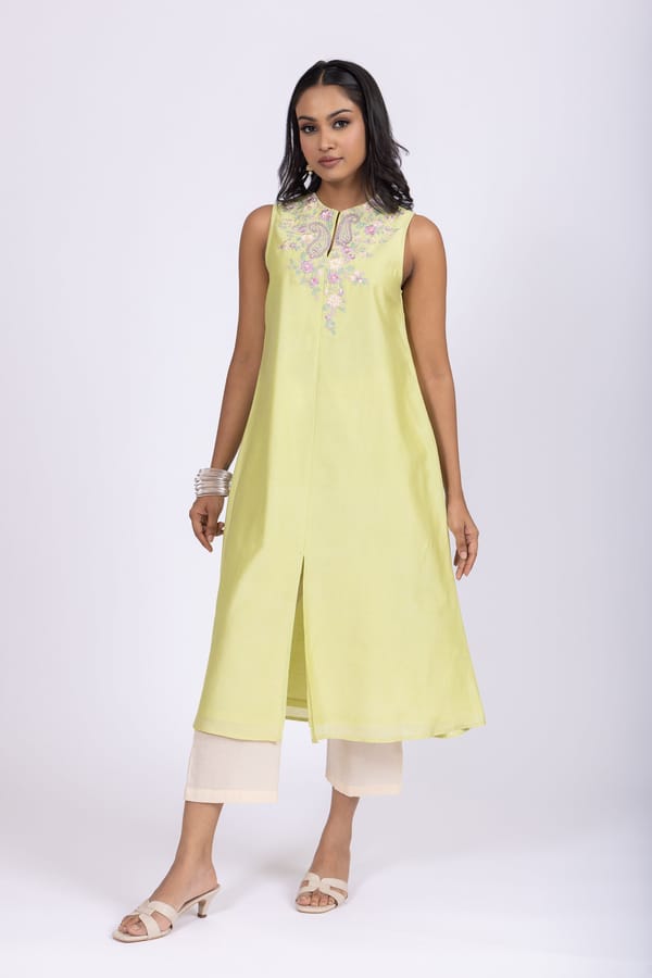 Mint Green A-Line Chanderi Embroidered Kurta Set — LABEL NAARITI