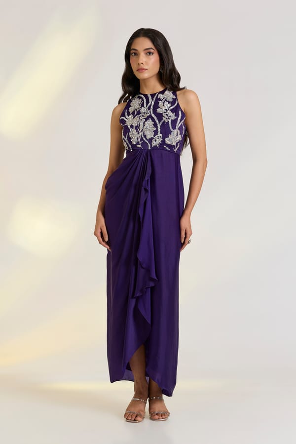 Violet Draped Maxi Gown with Silver Embroidered Bodice — EWOKE STUDIO