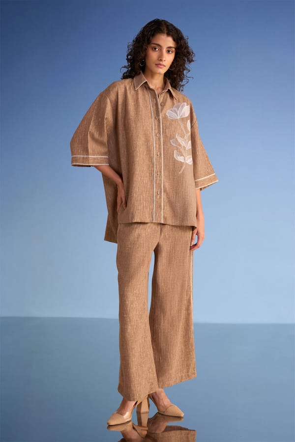 Floral Applique Linen-Textured Shirt & Wide-Legged Pant Set — Dash and Dot