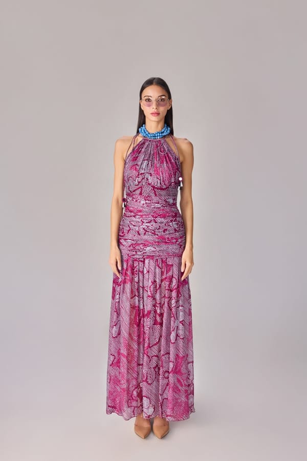 Purple Bandhani Floral Halter Neck Maxi Dress with Slit — Saaksha and Kinni