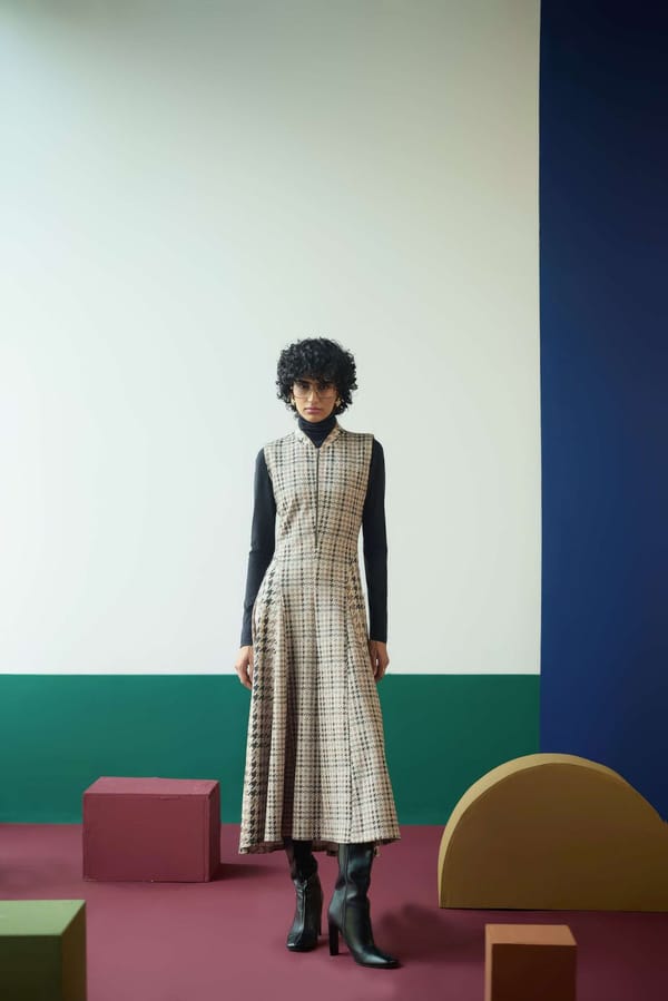 Beige Houndstooth Zip-Front Fit and Flare Maxi Dress — Muvazo