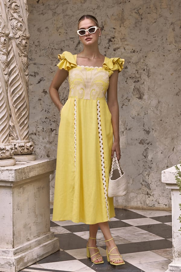Sunkissed Yellow Linen Embroidered A-Line Midi Dress — BOHO-CHIC