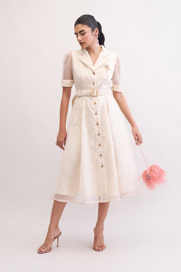 Ivory Lace Fit and Flare Midi Shirt Dress with Belt — Our Love