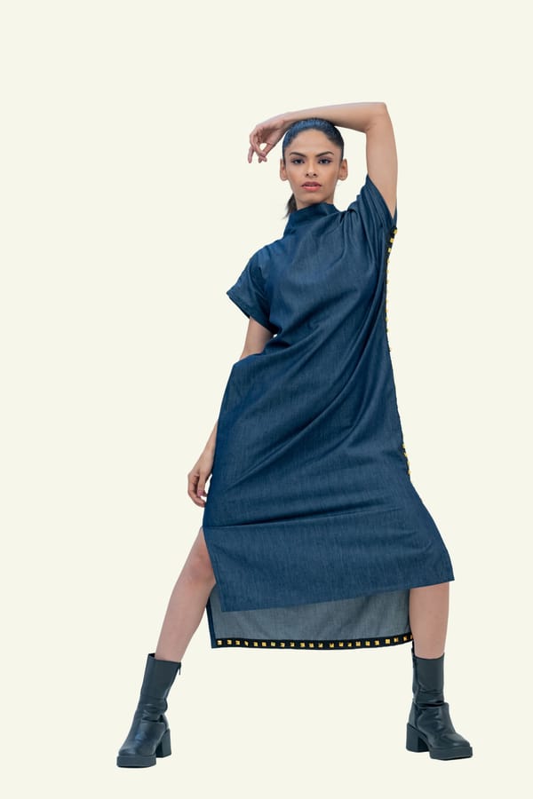 Denim Cotton Midi Dress with Stud Work — Richa Goenka