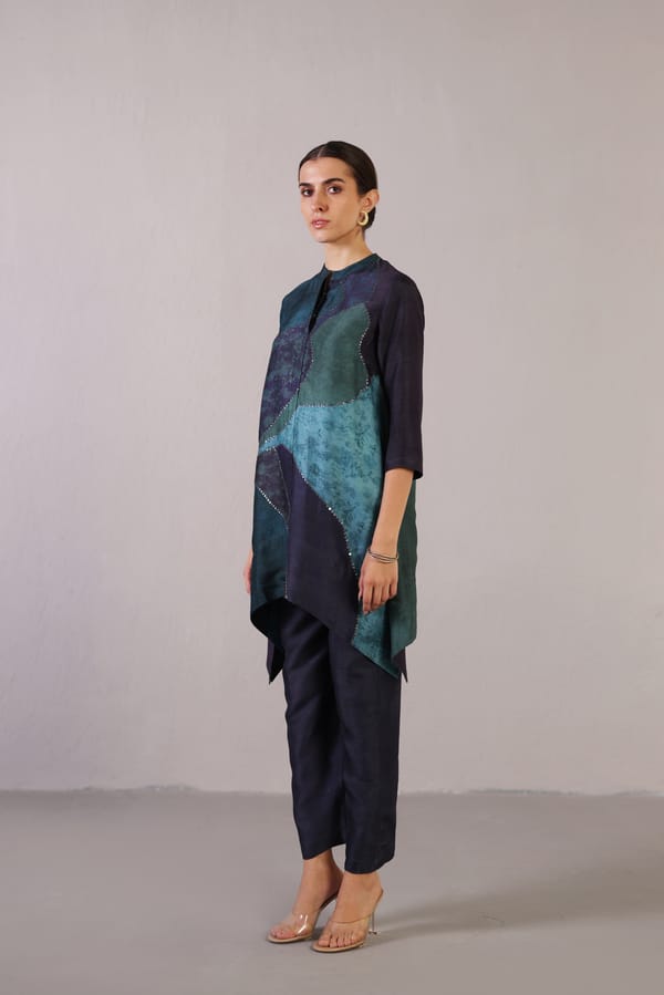 Royal Blue Colorblocked Dupion Silk Kurta Set — CLOS