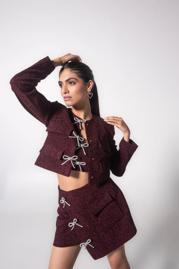 Burgundy Glitter Square-Neck Bralette with Rhinestone Bows — MAGIA