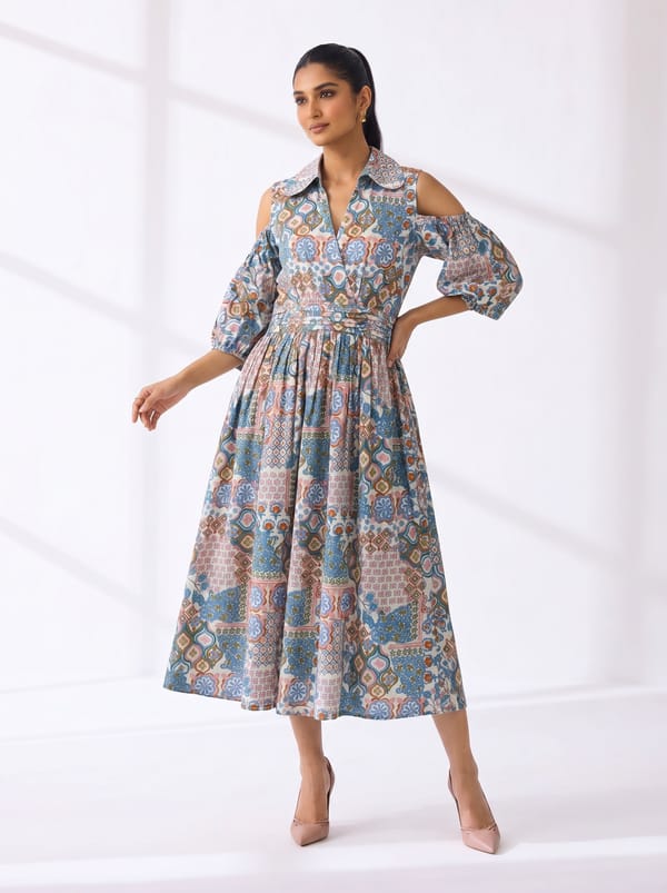 Multicolour Printed Cold-Shoulder Midi Dress with Belt — BOHO-CHIC
