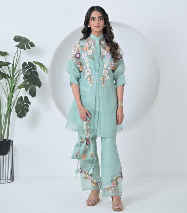 Sea Blue Phool-Patti Tunic Set With Emb Pants — RUCHIKA MALLIKA LABEL