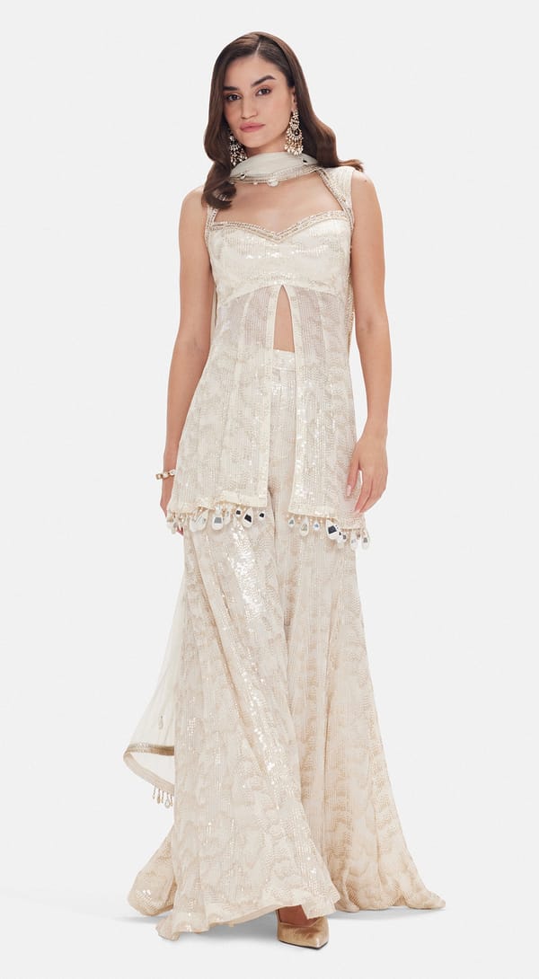 Ivory Georgette Sequin Sharara Set with Dupatta — Basanti Kapde aur Koffee