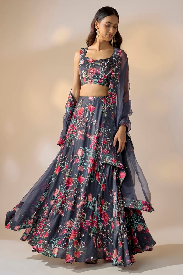 Midnight Blue Floral Embroidered Lehenga — EWOKE STUDIO