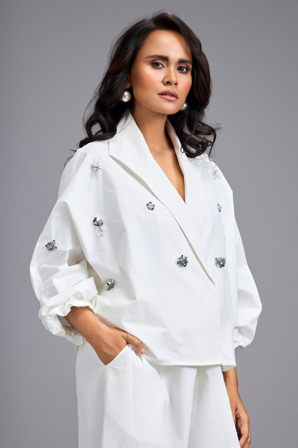White Cropped Embellished Wrap-front Blazer — Deepika Arora
