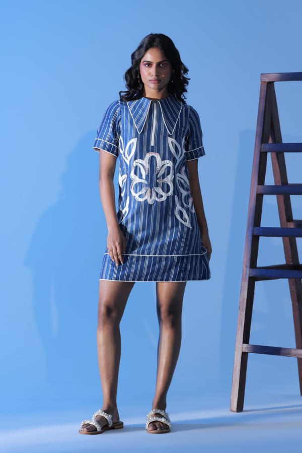 Blue Striped Cotton Silk Mini Dress with Floral Applique — MANVI DAGA STUDIO