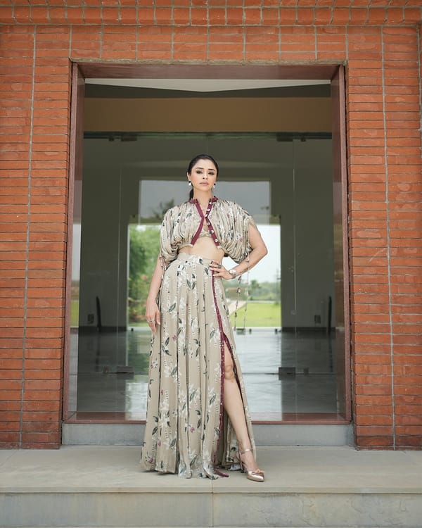 Ivory Floral 3-Piece Skirt Co-ord Set with Draped Jacket — STUDIO SURBHI