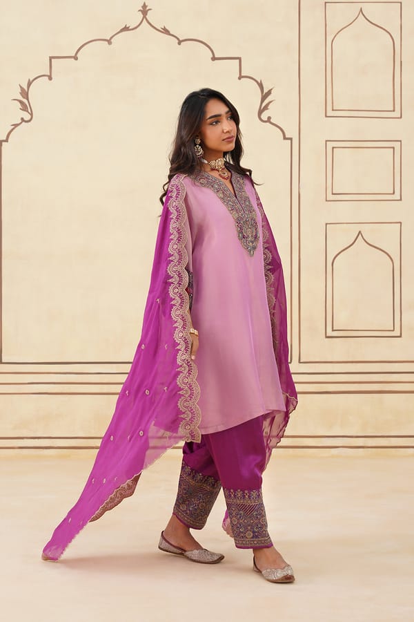 Pink Embroidered V-Neck Kurta Set with Organza Dupatta — INCHING INDIA