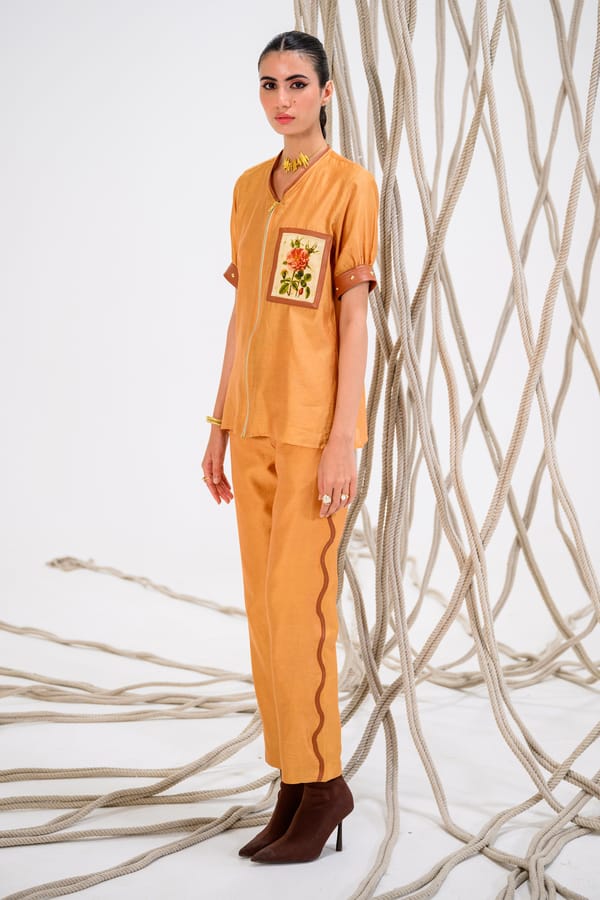 Tan Chanderi Silk Straight-Leg Trousers with Leather Detail — The Dramebaaz Company
