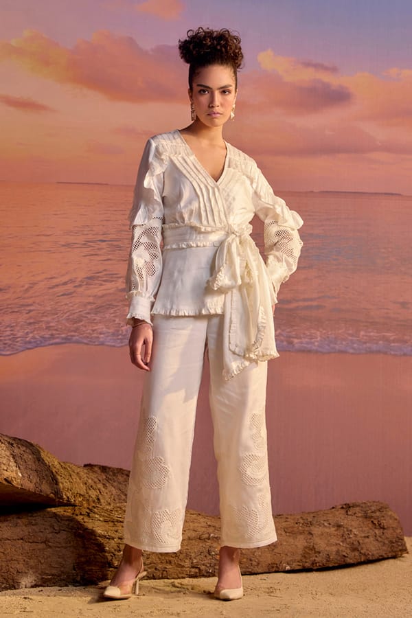 White Cutwork Wrap Co-ord Set with Wide-Leg Pants — BOHO-CHIC