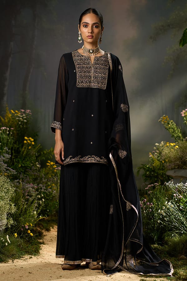 Kohl Black Embroidered Georgette Sharara Kurta Set — Ganga Fashions Pvt Ltd
