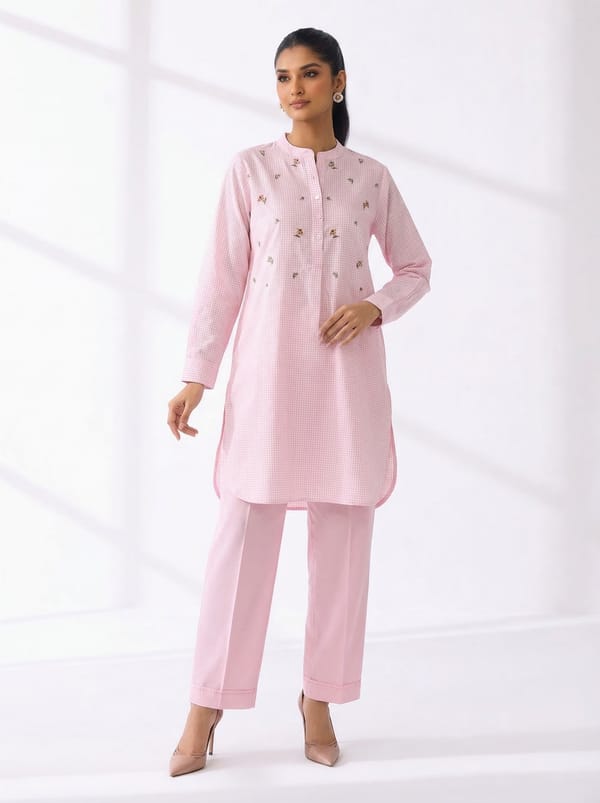 Rose Pink Mini-Check Cotton Co-ord Set with Slip — Ganga Fashions Pvt Ltd