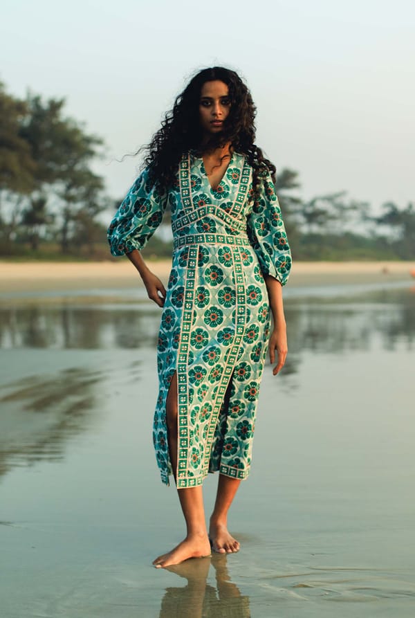 Blue Floral Tile Print Midi Dress with Plunge Neck — JODI