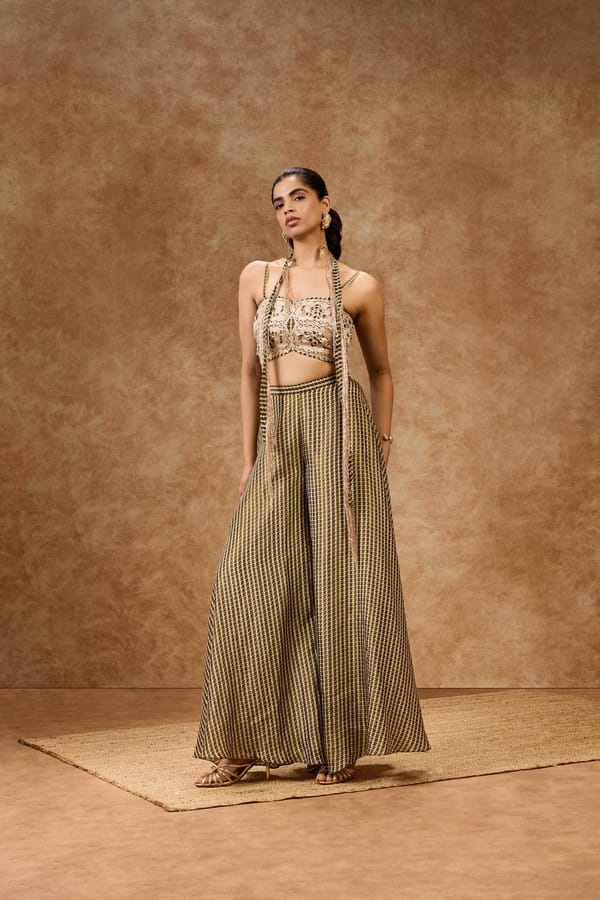 Moss Grid Bustier & Rose Gold Beaded Stole — Needle Ten